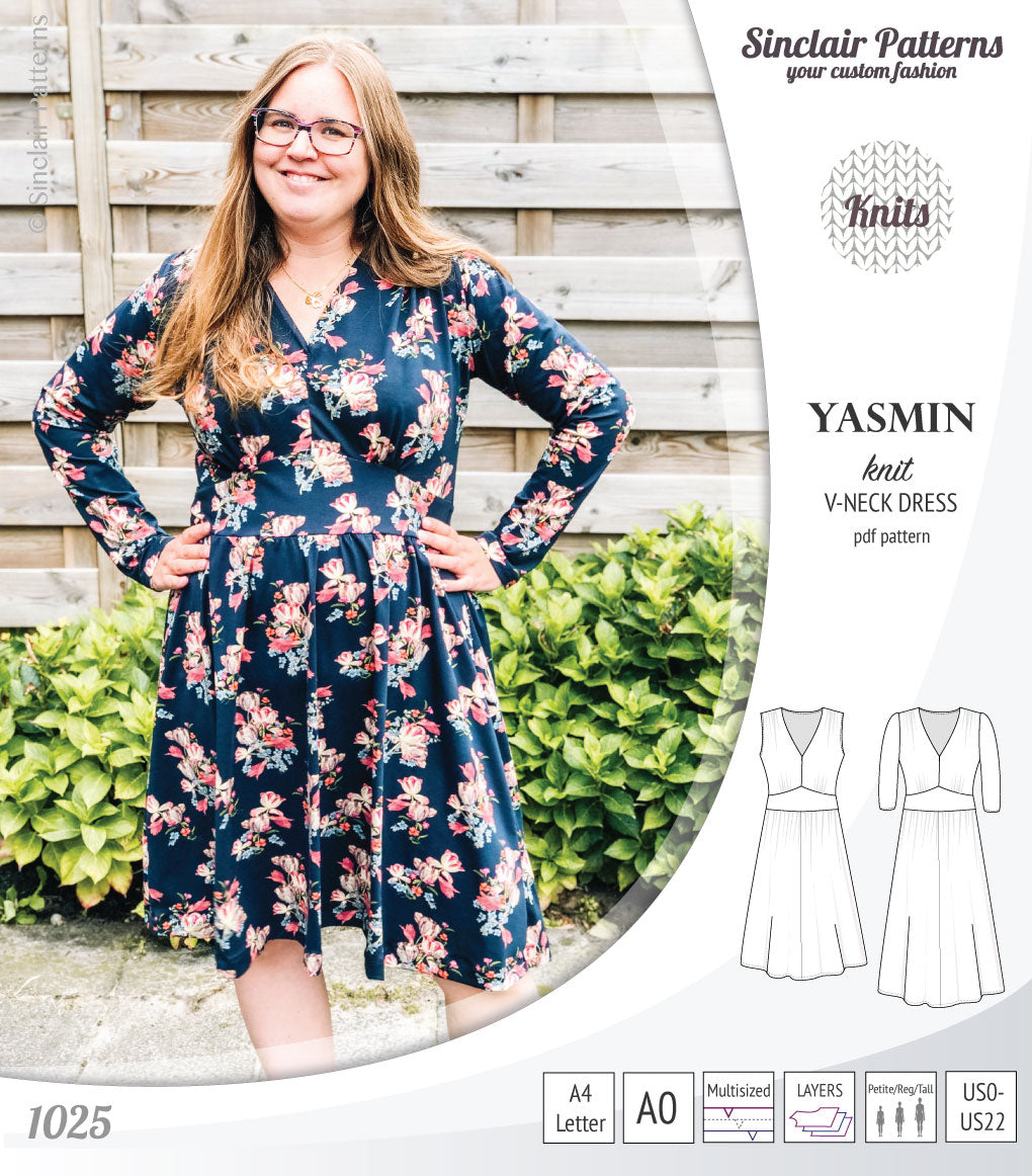 Pdf sewing patterns - S1025 Yasmin knit V neck dress with gathered or flared skirt by Sinclair Patterns