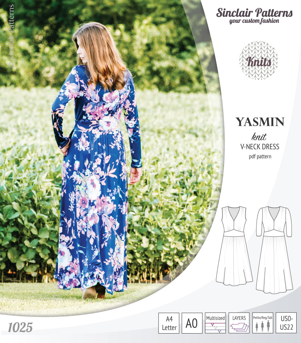 Pdf sewing patterns - S1025 Yasmin knit V neck dress with gathered or flared skirt by Sinclair Patterns