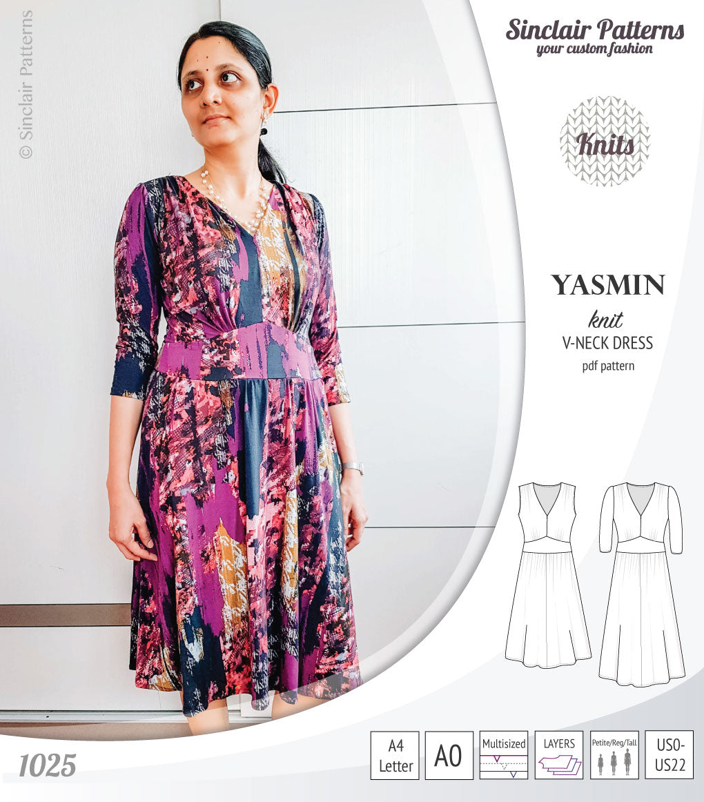 Pdf sewing patterns - S1025 Yasmin knit V neck dress with gathered or flared skirt by Sinclair Patterns