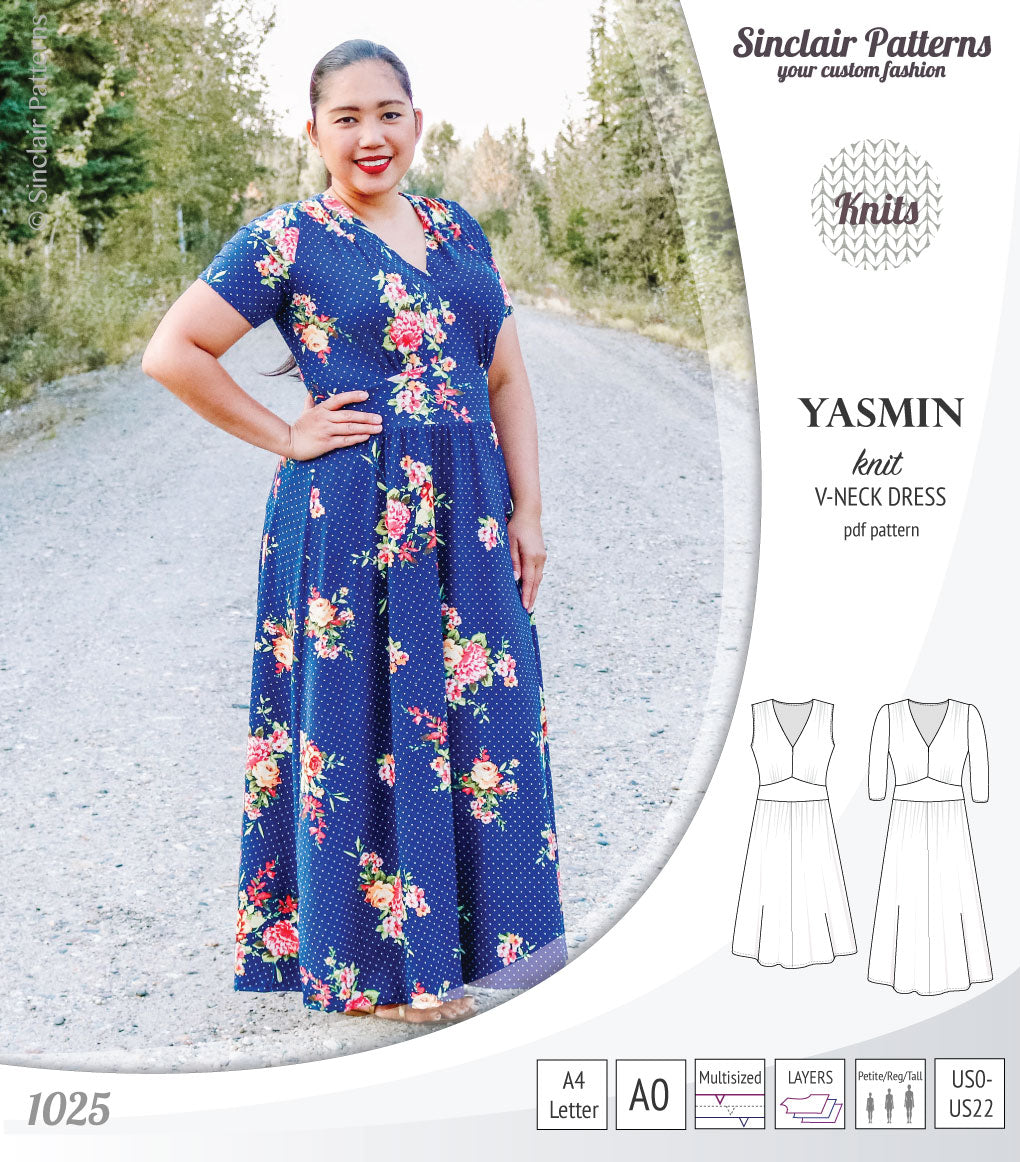 Pdf sewing patterns - S1025 Yasmin knit V neck dress with gathered or flared skirt by Sinclair Patterns