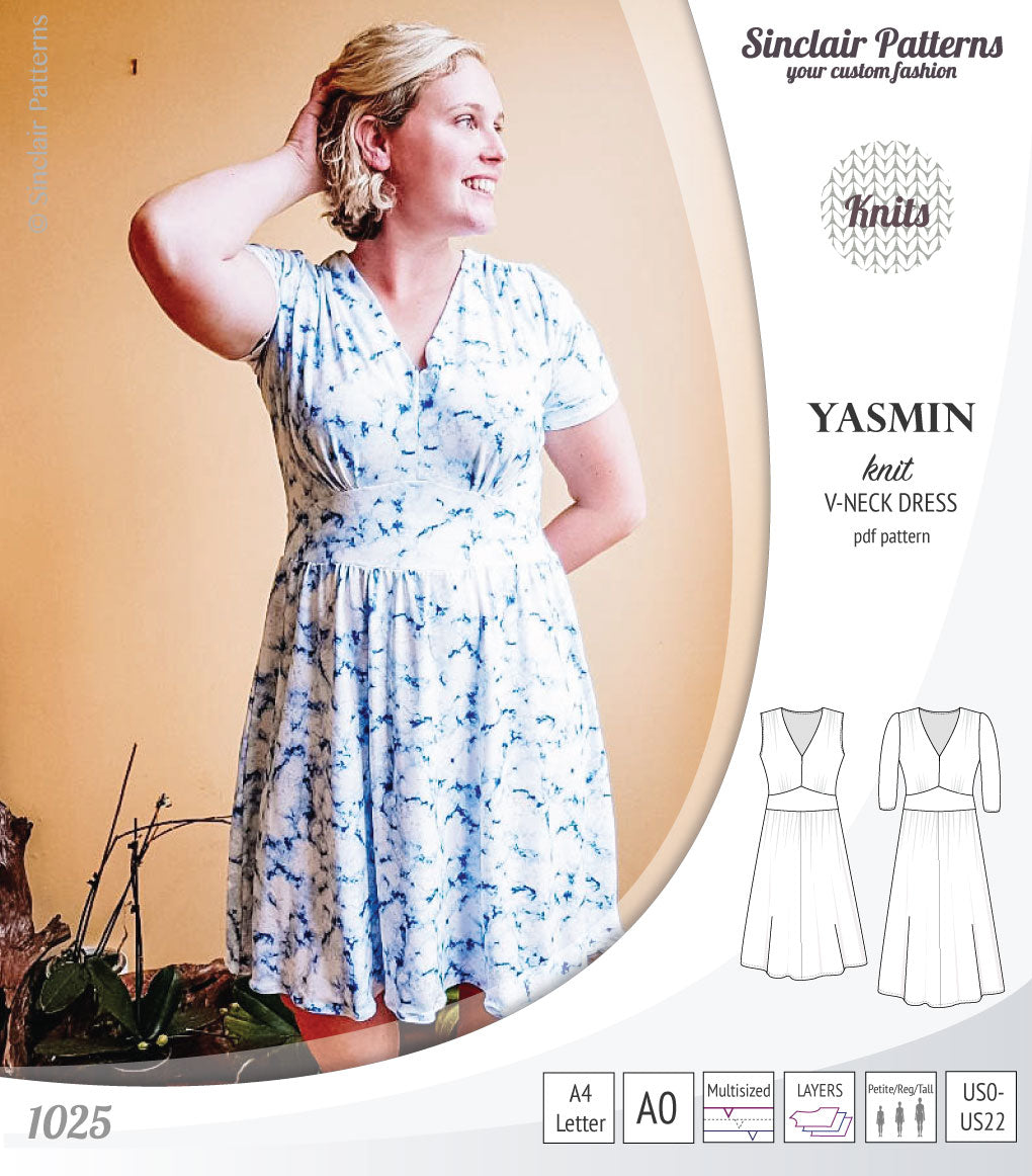 Pdf sewing patterns - S1025 Yasmin knit V neck dress with gathered or flared skirt by Sinclair Patterns