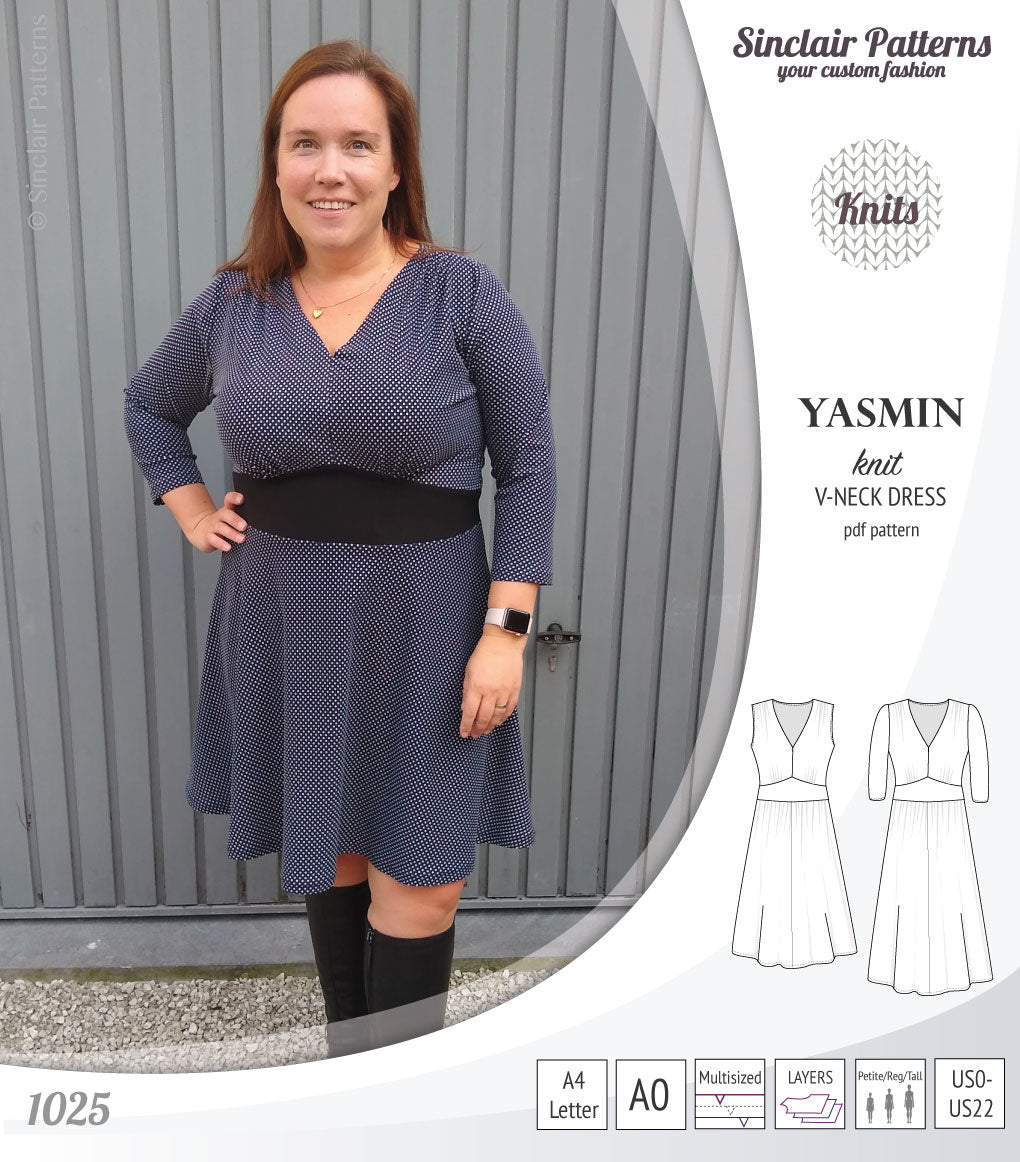 Pdf sewing patterns - S1025 Yasmin knit V neck dress with gathered or flared skirt by Sinclair Patterns