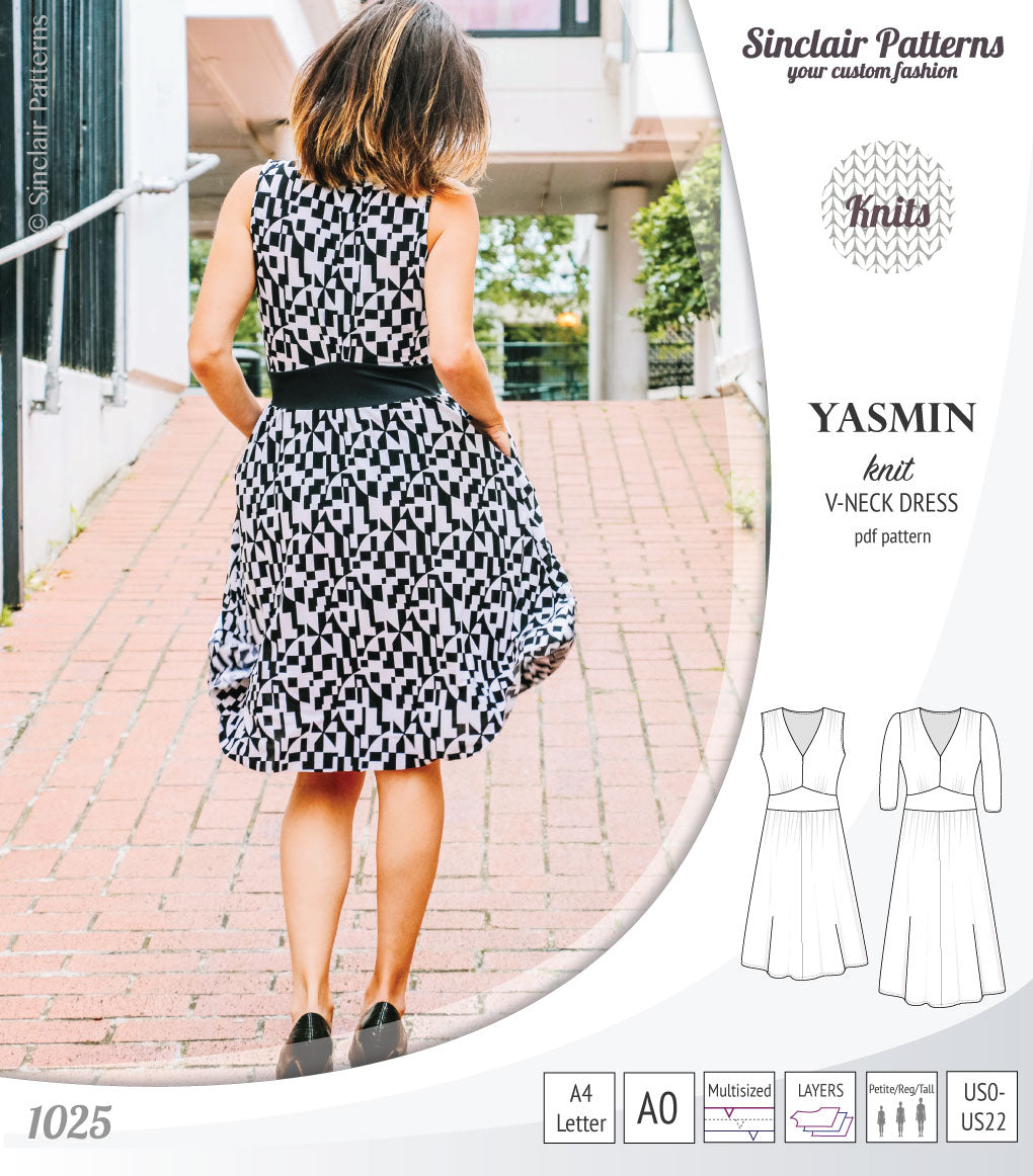 Pdf sewing patterns - S1025 Yasmin knit V neck dress with gathered or flared skirt by Sinclair Patterns