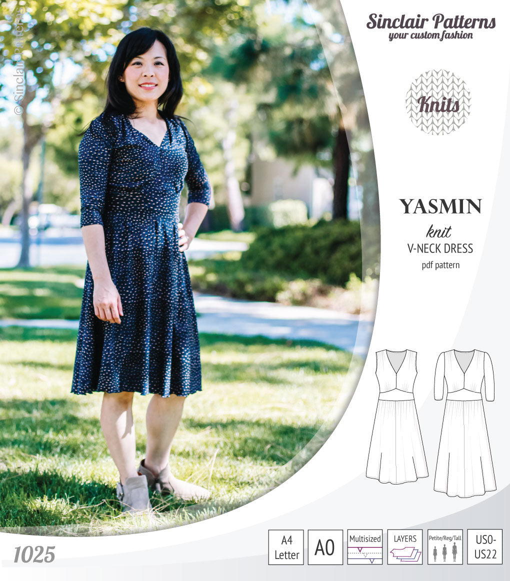 Pdf sewing patterns - S1025 Yasmin knit V neck dress with gathered or flared skirt by Sinclair Patterns