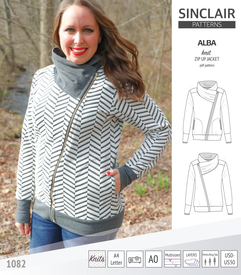 Alba zip up knit asymmetrical jacket with a cowl and side pockets PDF Sinclair Patterns