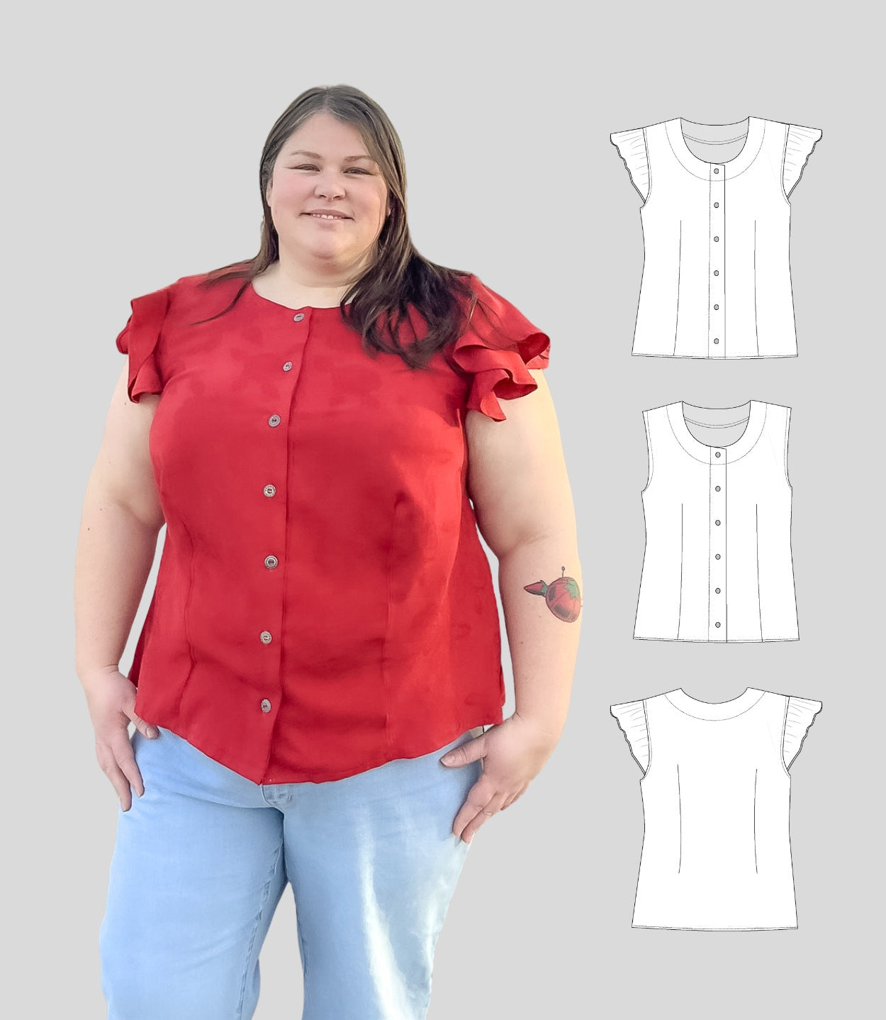 Woman wearing a red blouse with ruffled sleeves, standing next to white outlines of the blouse design.