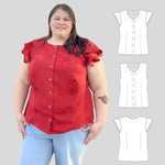 Woman wearing a red blouse with ruffled sleeves, standing next to white outlines of the blouse design.