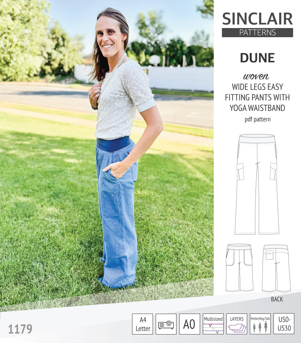 Dune wide leg woven pants with yoga waistband pdf sewing pattern Sinclair Patterns