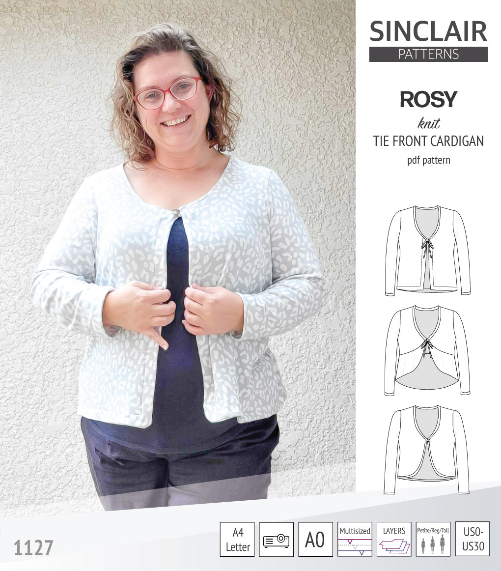 Rosy tie front or loop button knit cardigan PDF sewing pattern Sinclair Patterns