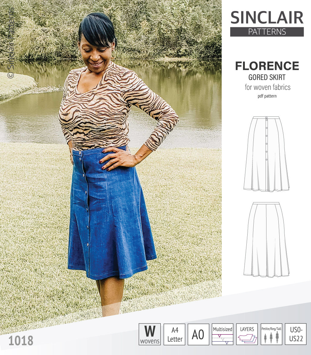 Pdf sewing pattern S1018 Florence 8 gored skirt with buttons or zipper for woven fabrics by Sinclair Patterns