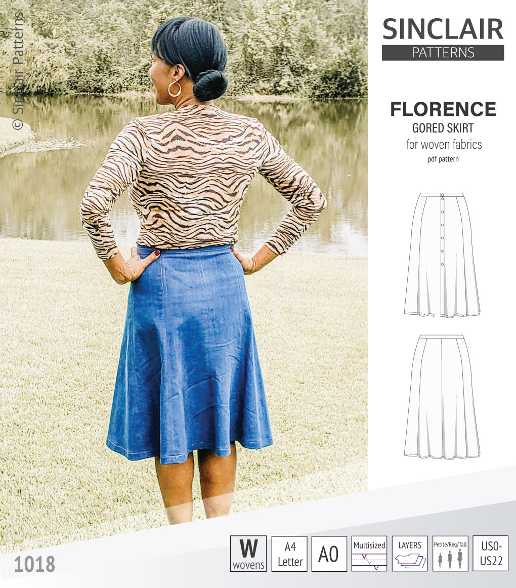 Pdf sewing pattern S1018 Florence 8 gored skirt with buttons or zipper for woven fabrics by Sinclair Patterns