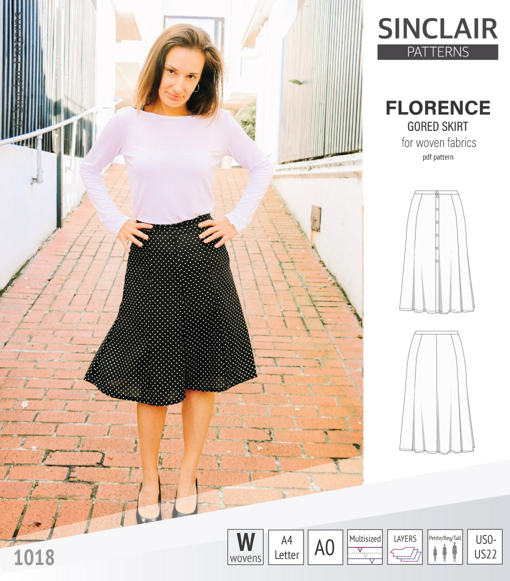 Pdf sewing pattern S1018 Florence 8 gored skirt with buttons or zipper for woven fabrics by Sinclair Patterns