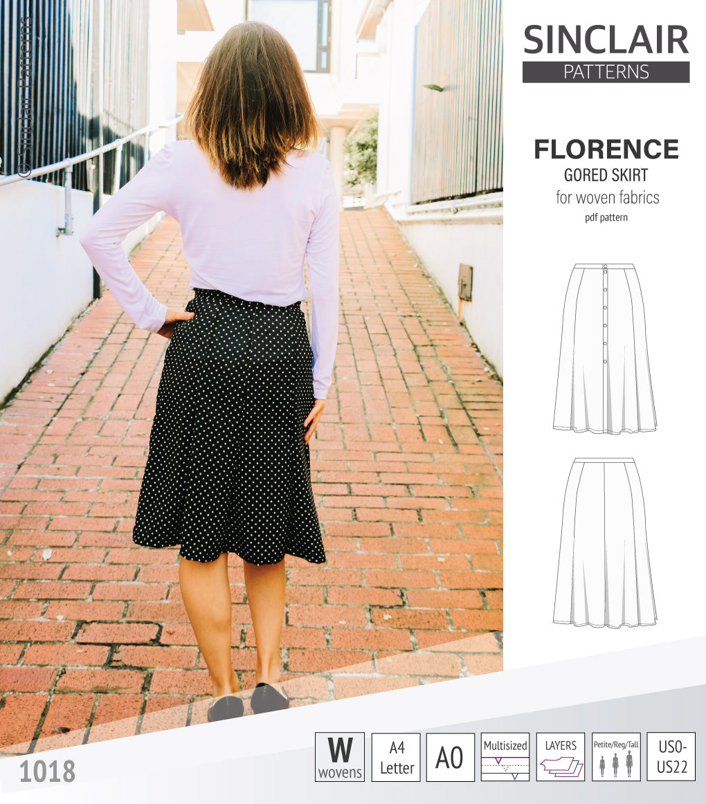 Pdf sewing pattern S1018 Florence 8 gored skirt with buttons or zipper for woven fabrics by Sinclair Patterns