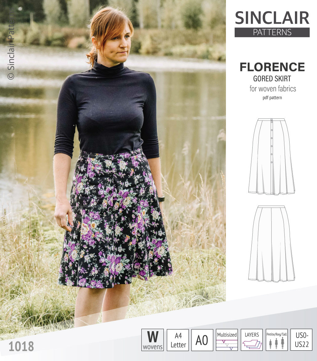Pdf sewing pattern S1018 Florence 8 gored skirt with buttons or zipper for woven fabrics by Sinclair Patterns