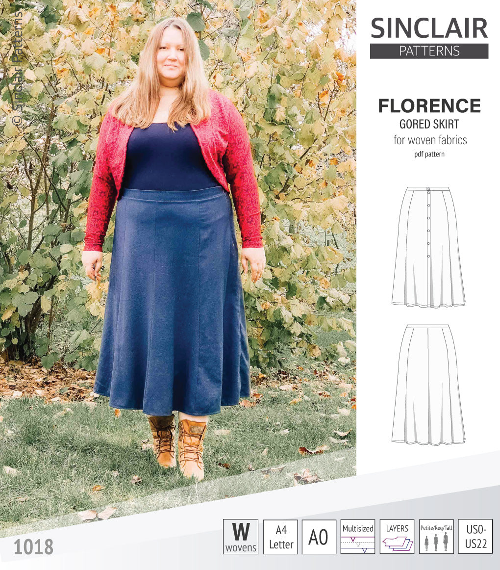 Pdf sewing pattern S1018 Florence 8 gored skirt with buttons or zipper for woven fabrics by Sinclair Patterns