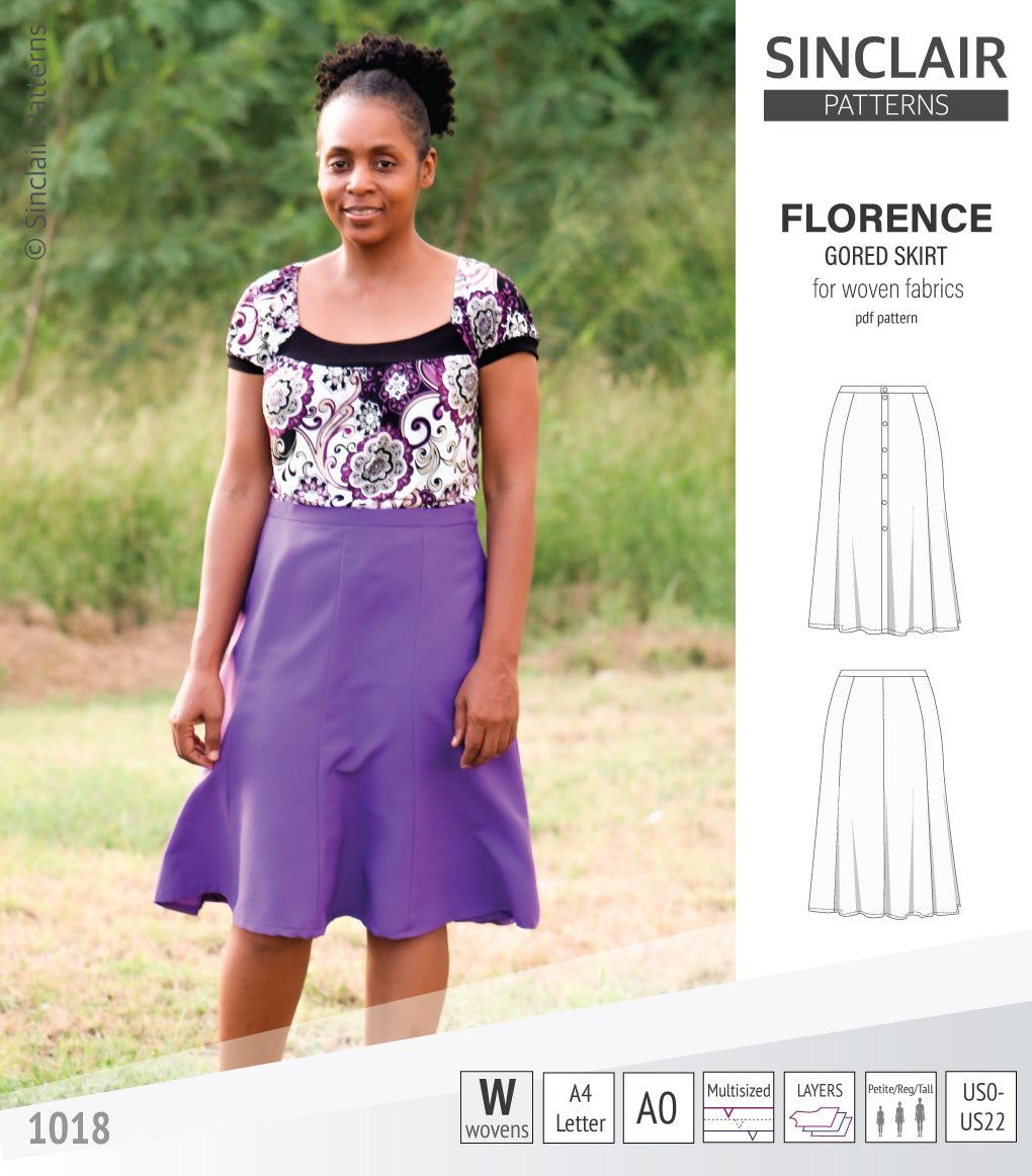 Pdf sewing pattern S1018 Florence 8 gored skirt with buttons or zipper for woven fabrics by Sinclair Patterns