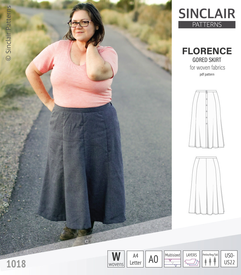 Pdf sewing pattern S1018 Florence 8 gored skirt with buttons or zipper for woven fabrics by Sinclair Patterns
