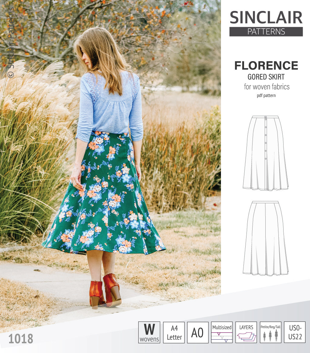 Pdf sewing pattern S1018 Florence 8 gored skirt with buttons or zipper for woven fabrics by Sinclair Patterns