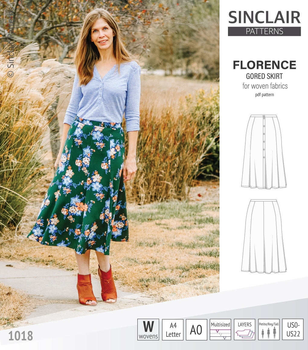 Pdf sewing pattern S1018 Florence 8 gored skirt with buttons or zipper for woven fabrics by Sinclair Patterns