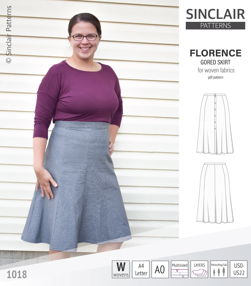 Pdf sewing pattern S1018 Florence 8 gored skirt with buttons or zipper for woven fabrics by Sinclair Patterns