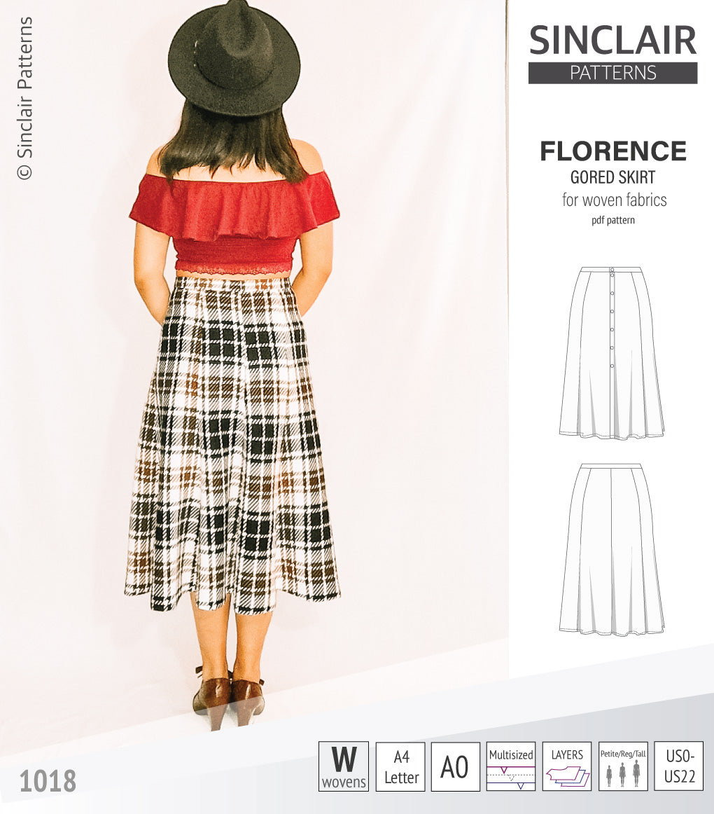 Pdf sewing pattern S1018 Florence 8 gored skirt with buttons or zipper for woven fabrics by Sinclair Patterns