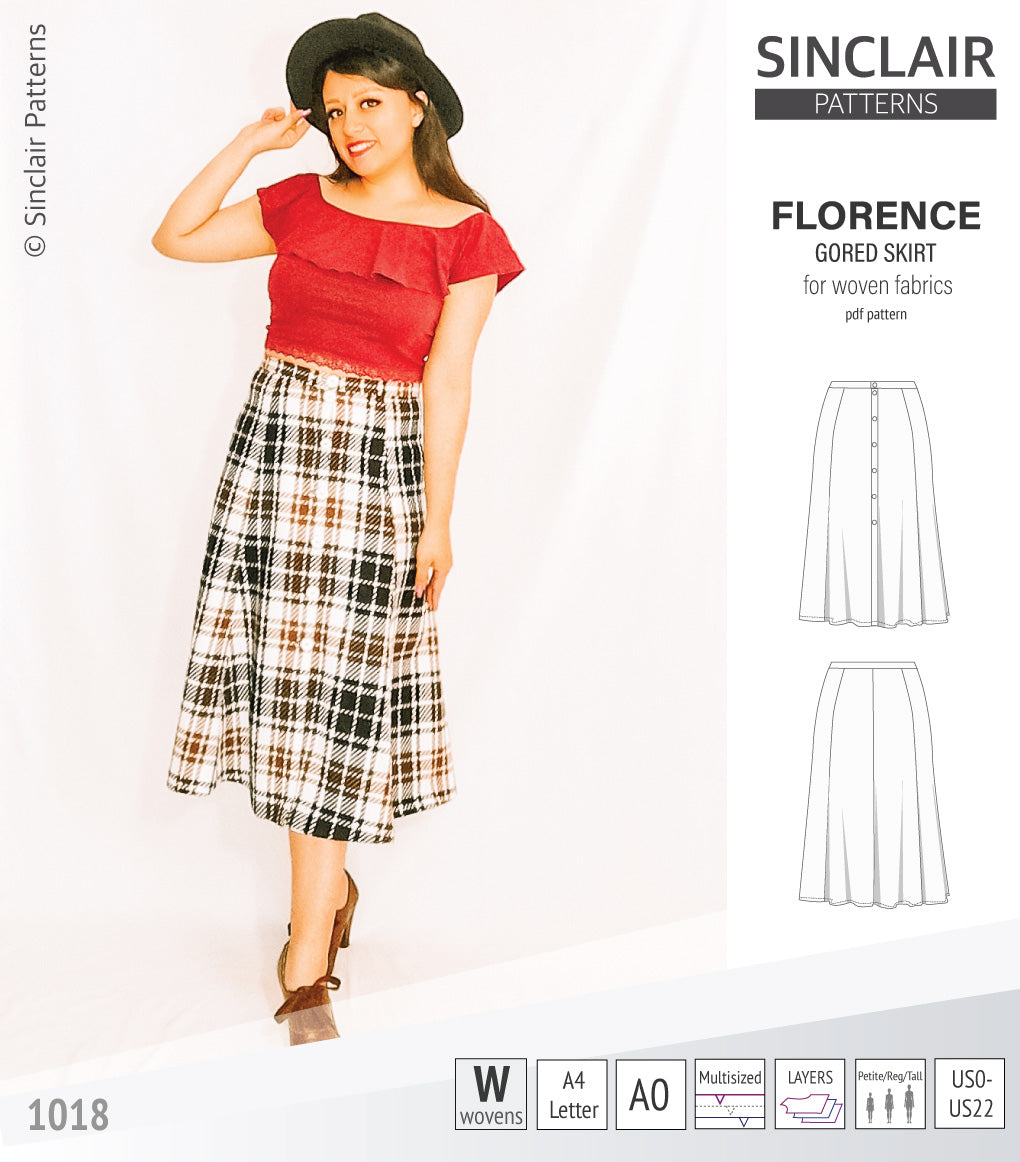 Pdf sewing pattern S1018 Florence 8 gored skirt with buttons or zipper for woven fabrics by Sinclair Patterns