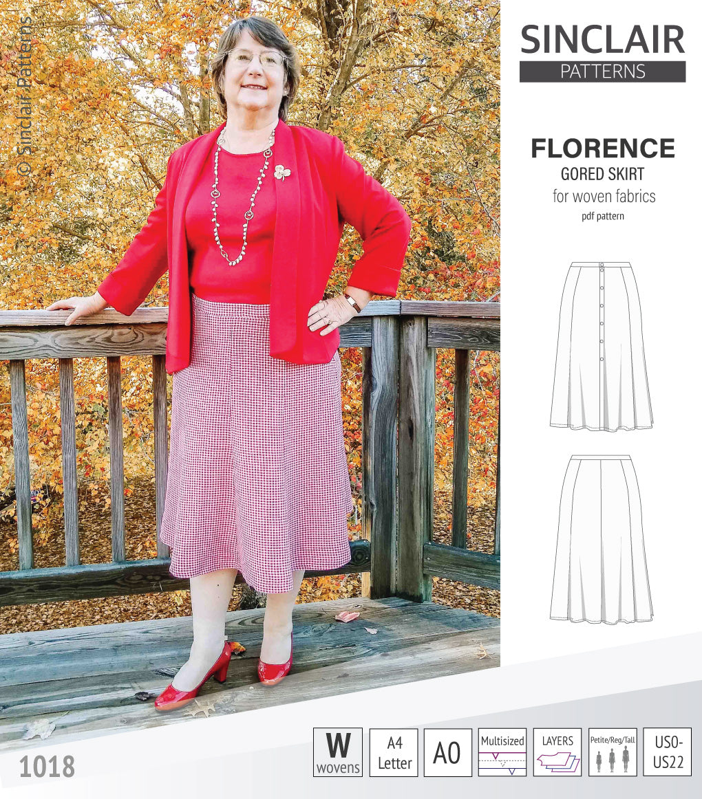 Pdf sewing pattern S1018 Florence 8 gored skirt with buttons or zipper for woven fabrics by Sinclair Patterns