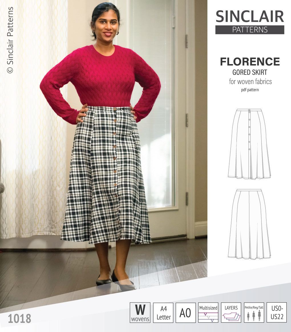 Pdf sewing pattern S1018 Florence 8 gored skirt with buttons or zipper for woven fabrics by Sinclair Patterns