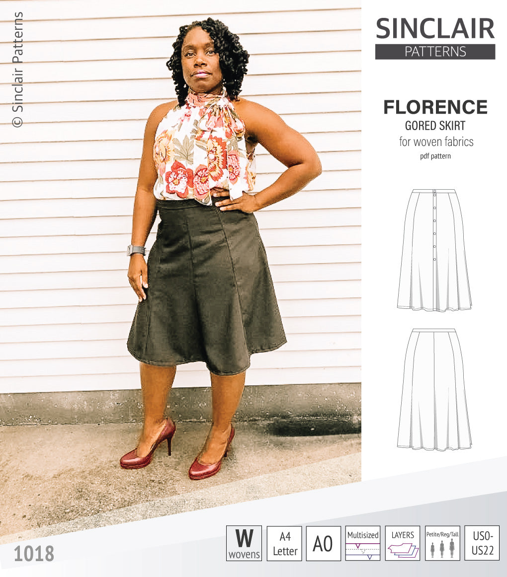 Pdf sewing pattern S1018 Florence 8 gored skirt with buttons or zipper for woven fabrics by Sinclair Patterns