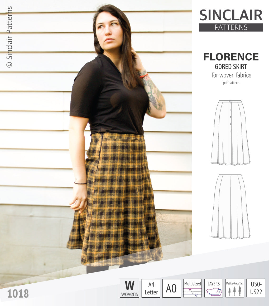 Pdf sewing pattern S1018 Florence 8 gored skirt with buttons or zipper for woven fabrics by Sinclair Patterns