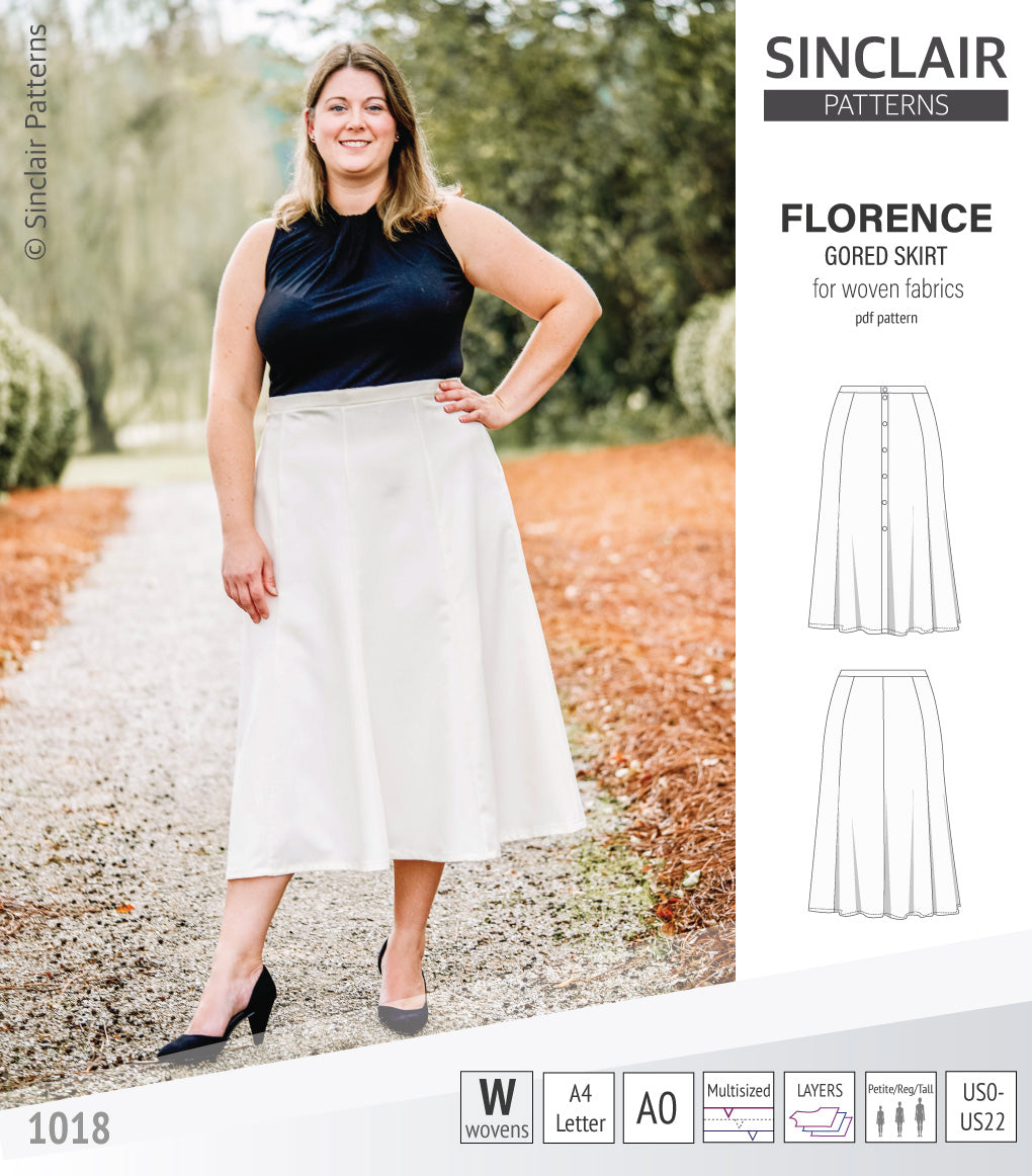Pdf sewing pattern S1018 Florence 8 gored skirt with buttons or zipper for woven fabrics by Sinclair Patterns