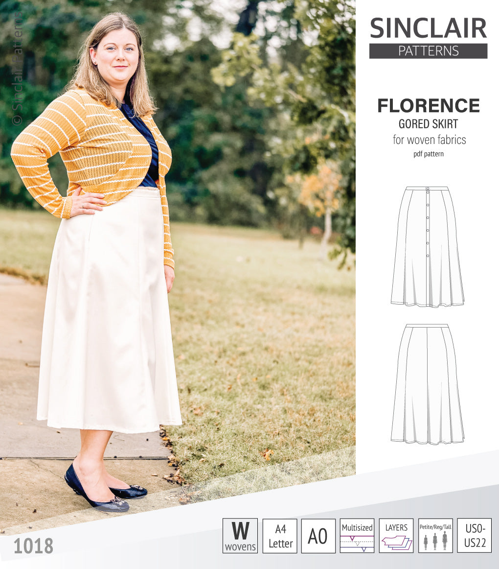 Pdf sewing pattern S1018 Florence 8 gored skirt with buttons or zipper for woven fabrics by Sinclair Patterns