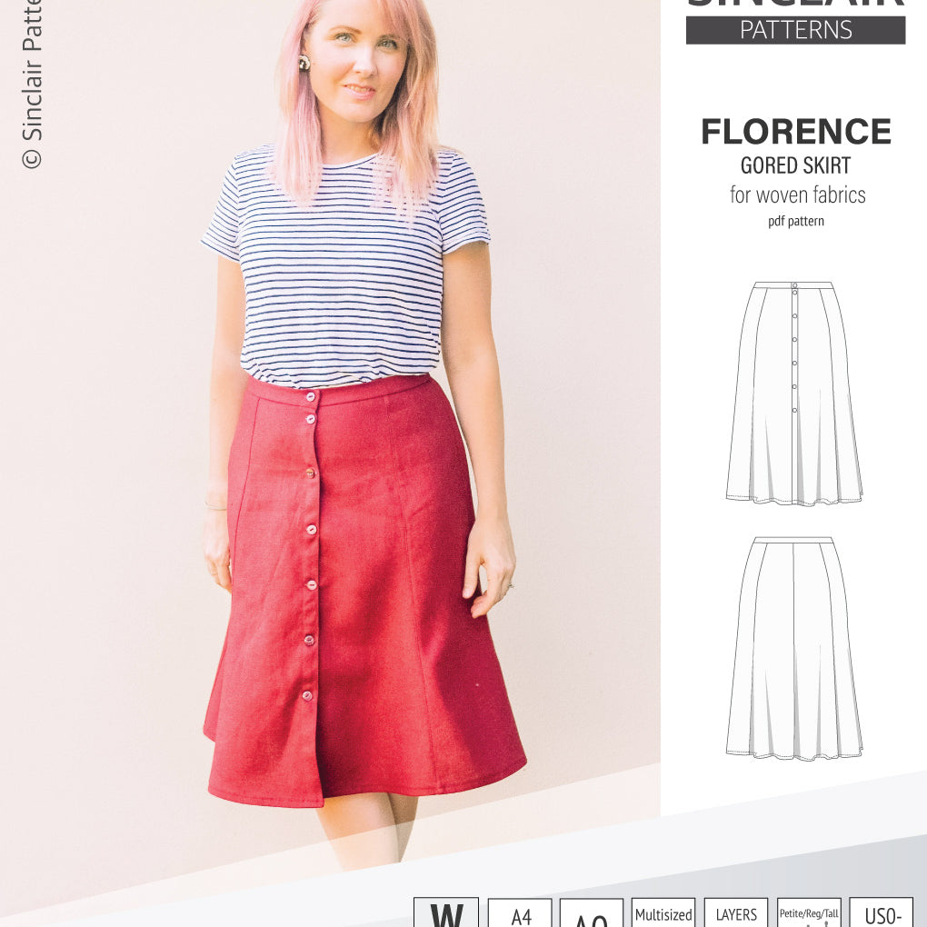 Pdf sewing pattern S1018 Florence 8 gored skirt with buttons or zipper for woven fabrics by Sinclair Patterns