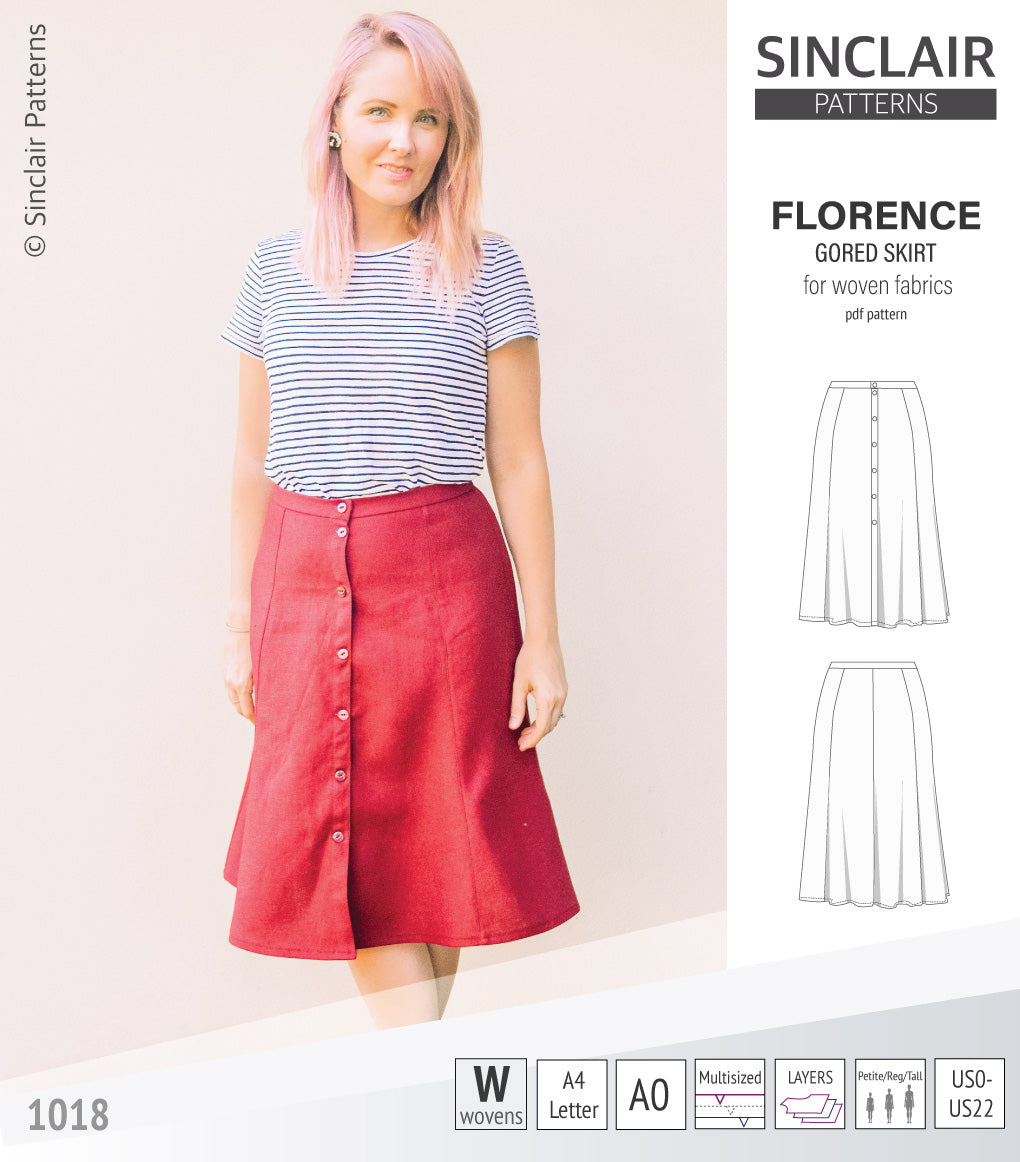 Pdf sewing pattern S1018 Florence 8 gored skirt with buttons or zipper for woven fabrics by Sinclair Patterns