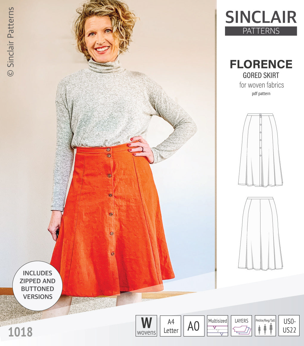 Pdf sewing pattern S1018 Florence 8 gored skirt with buttons or zipper for woven fabrics by Sinclair Patterns