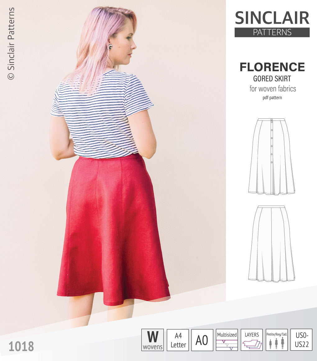Pdf sewing pattern S1018 Florence 8 gored skirt with buttons or zipper for woven fabrics by Sinclair Patterns