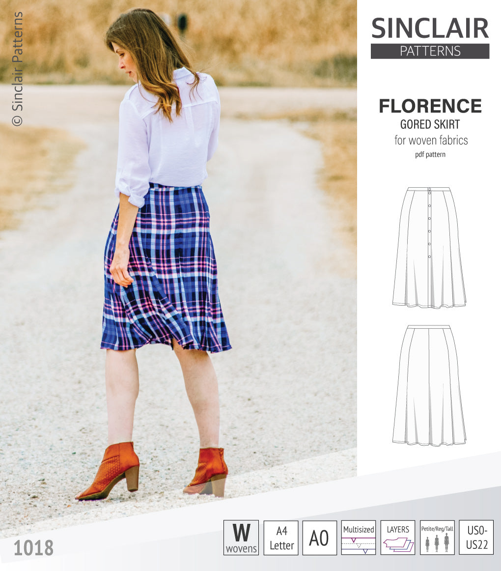 Pdf sewing pattern S1018 Florence 8 gored skirt with buttons or zipper for woven fabrics by Sinclair Patterns