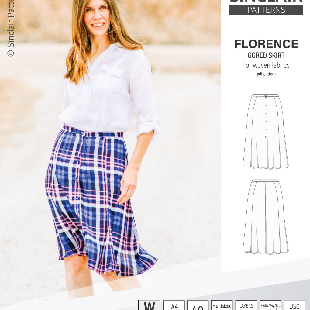 Pdf sewing pattern S1018 Florence 8 gored skirt with buttons or zipper for woven fabrics by Sinclair Patterns