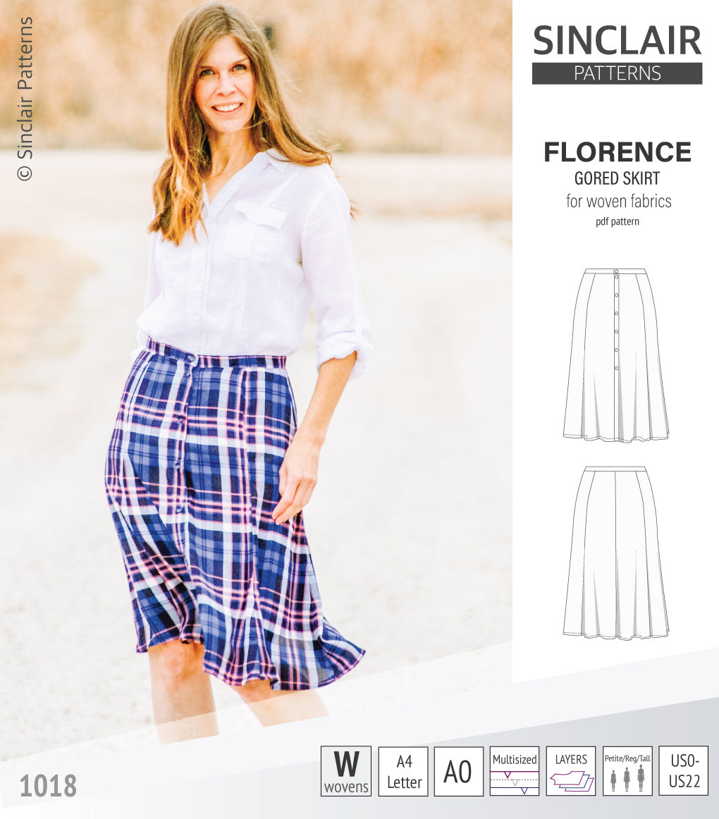 Pdf sewing pattern S1018 Florence 8 gored skirt with buttons or zipper for woven fabrics by Sinclair Patterns
