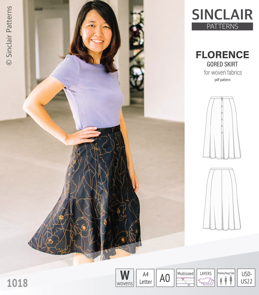 Pdf sewing pattern S1018 Florence 8 gored skirt with buttons or zipper for woven fabrics by Sinclair Patterns