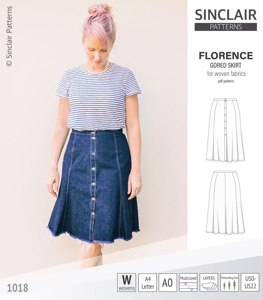 Pdf sewing pattern S1018 Florence 8 gored skirt with buttons or zipper for woven fabrics by Sinclair Patterns