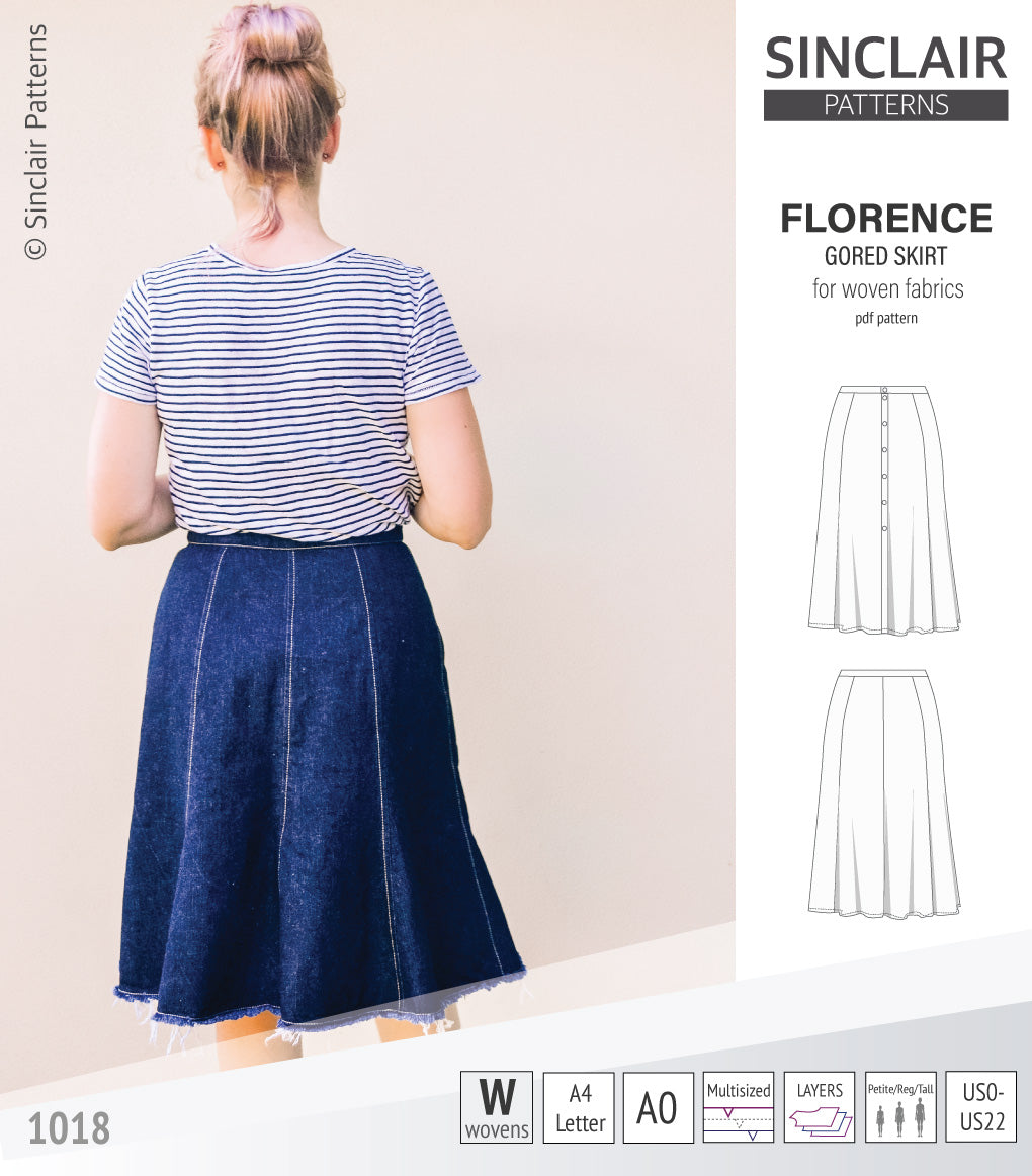 Pdf sewing pattern S1018 Florence 8 gored skirt with buttons or zipper for woven fabrics by Sinclair Patterns