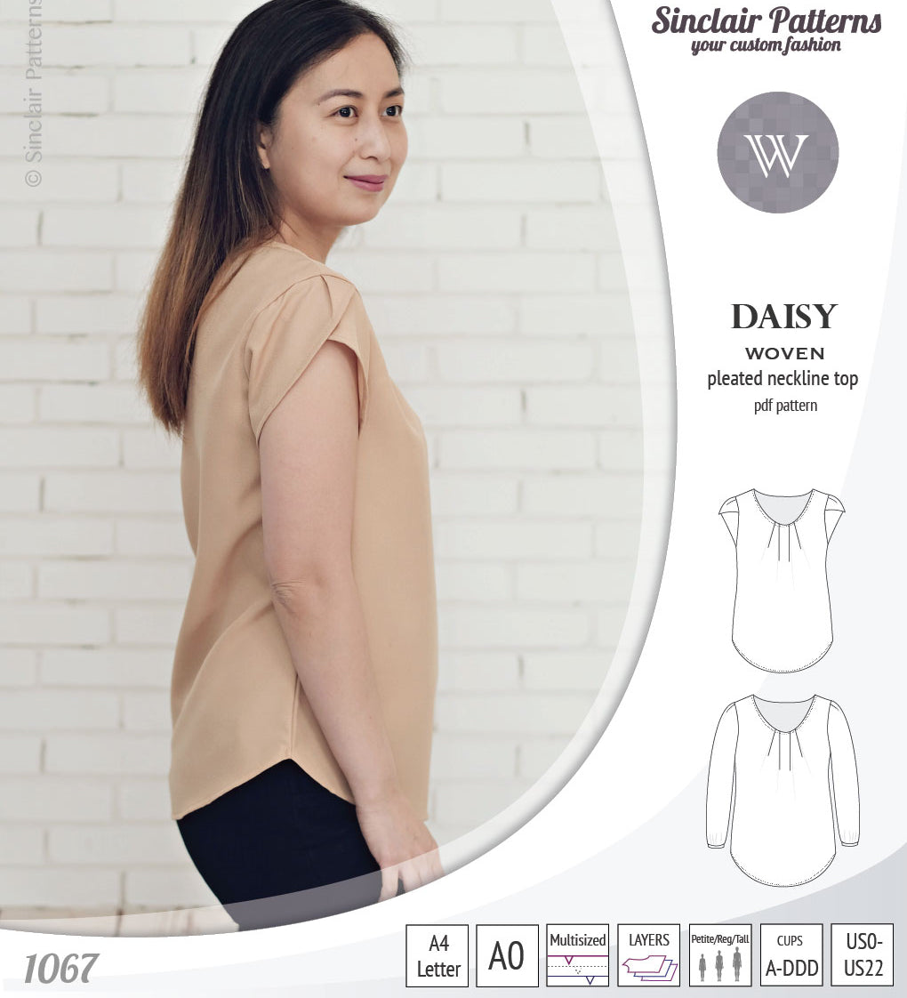 Pdf sewing pattern Daisy woven blouse top with pleated neckline and petal sleeves Sinclair Patterns