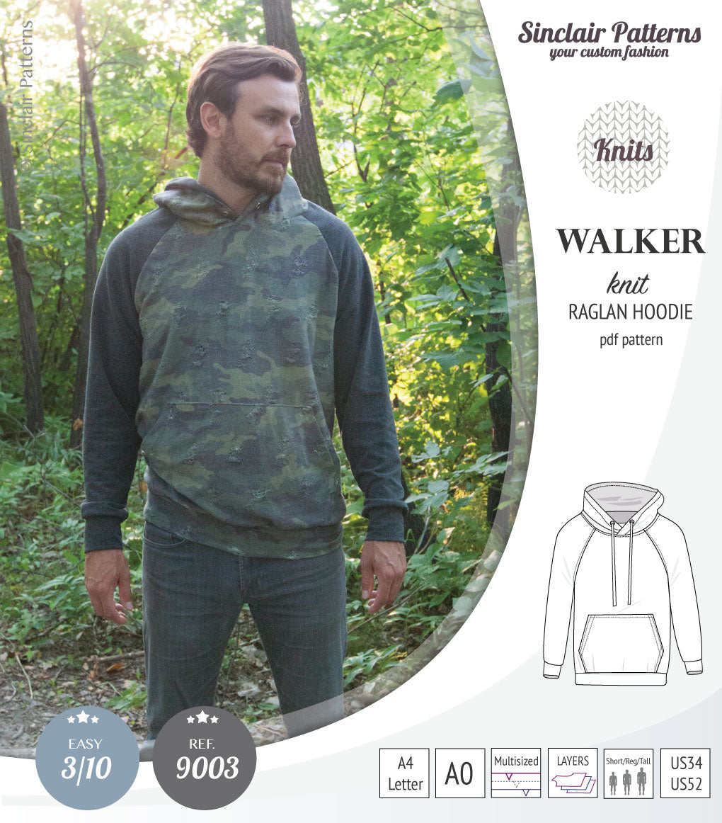 Sewing pattern pdf S9003 Walker knit raglan hoodie for men by Sinclair Patterns