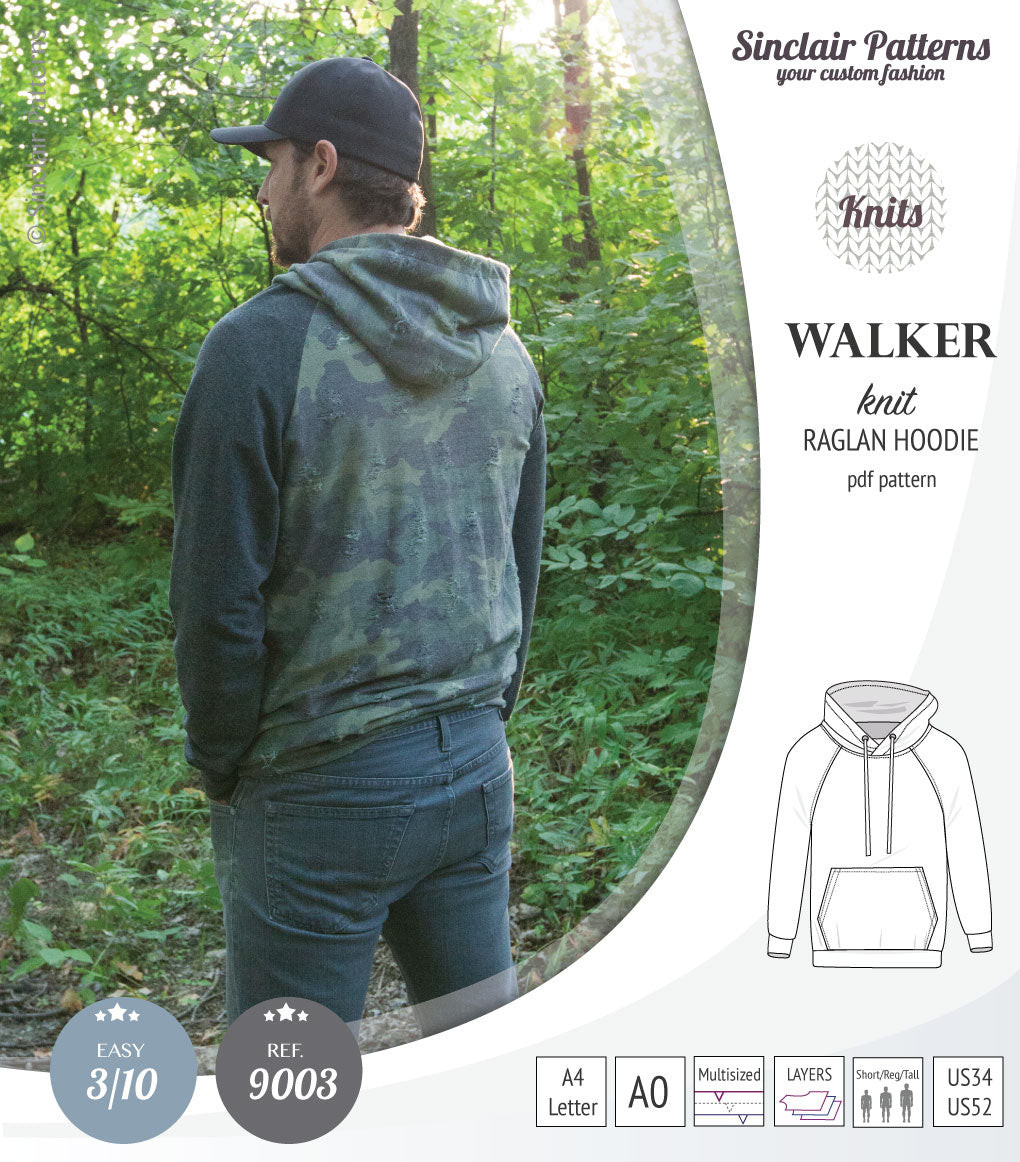 Sewing pattern pdf S9003 Walker knit raglan hoodie for men by Sinclair Patterns