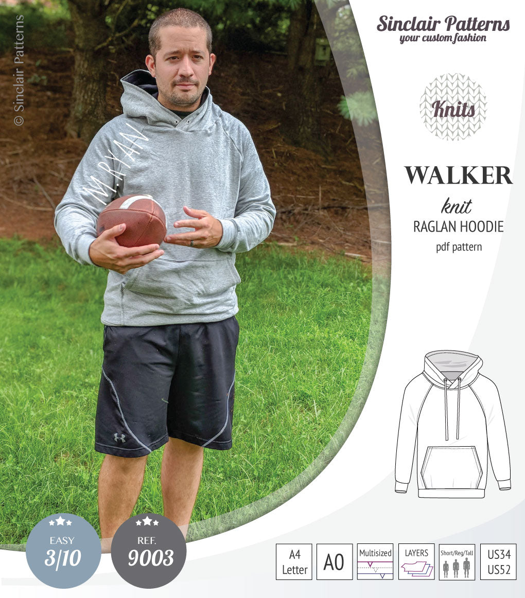 Sewing pattern pdf S9003 Walker knit raglan hoodie for men by Sinclair Patterns