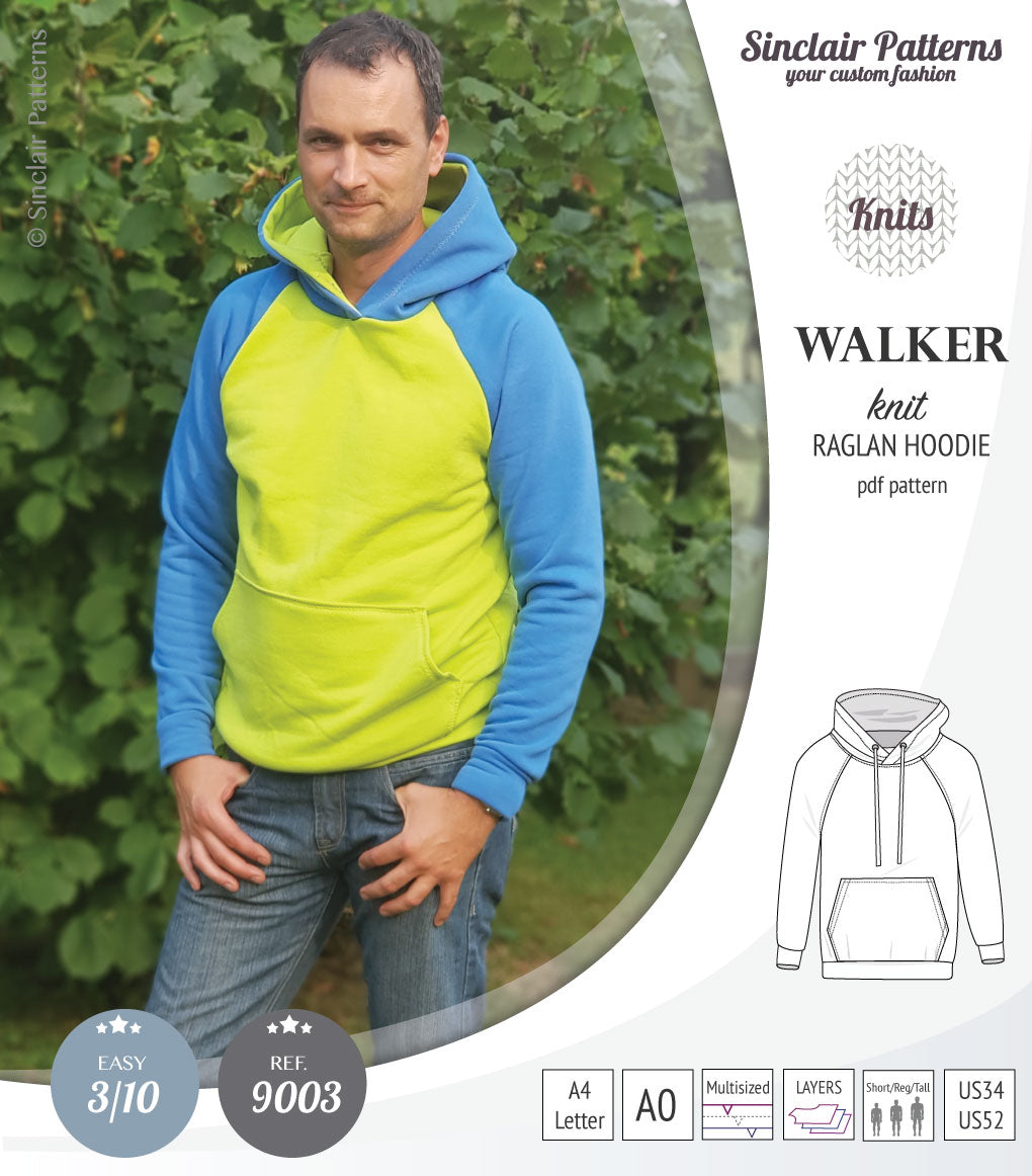 Sewing pattern pdf S9003 Walker knit raglan hoodie for men by Sinclair Patterns