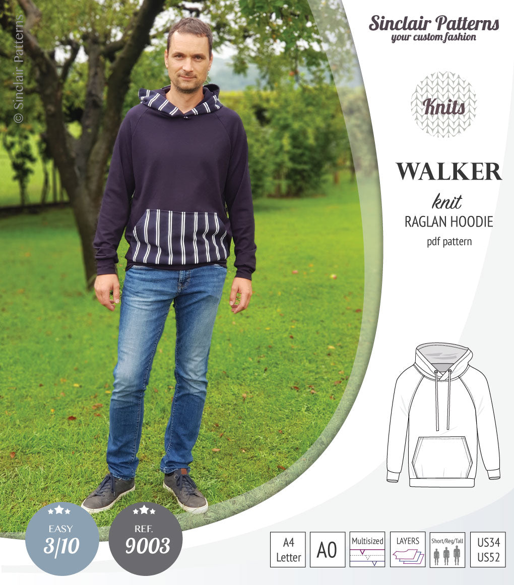 Sewing pattern pdf S9003 Walker knit raglan hoodie for men by Sinclair Patterns
