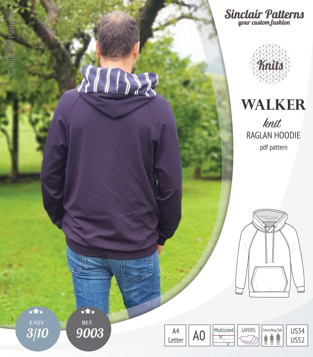 Sewing pattern pdf S9003 Walker knit raglan hoodie for men by Sinclair Patterns