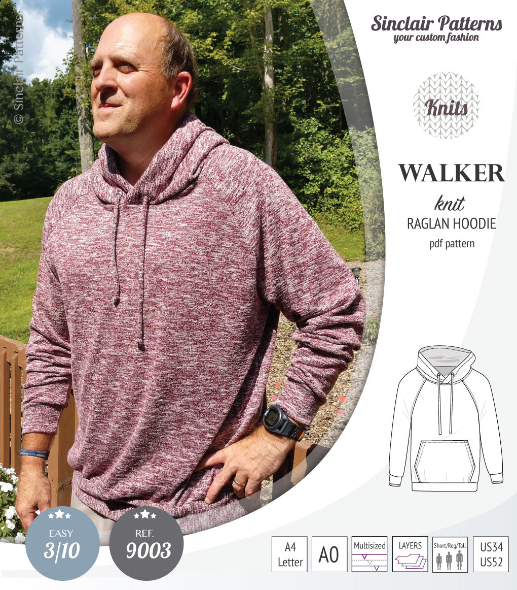Sewing pattern pdf S9003 Walker knit raglan hoodie for men by Sinclair Patterns